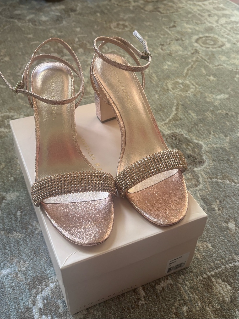 Loeffler Randall Rose Gold Glitter Block Heel Sandals with Crystal Strap Accent